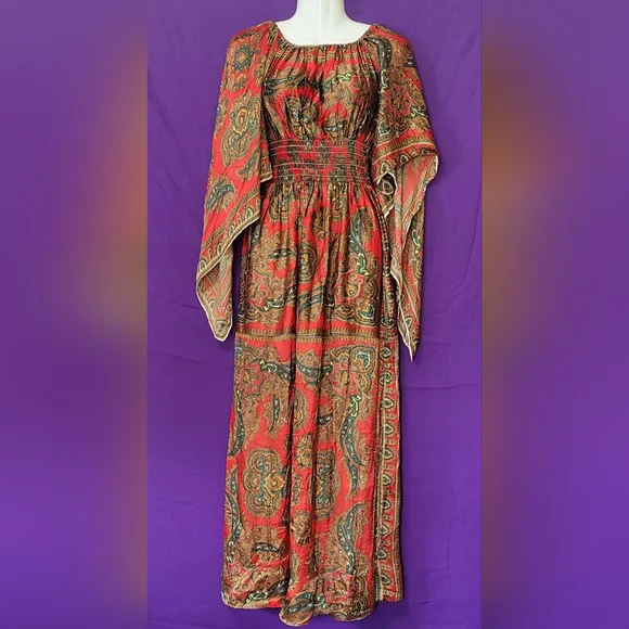 Dresses | Vintage Angel Wing Paisley Read Green Gold Dress | Poshmark